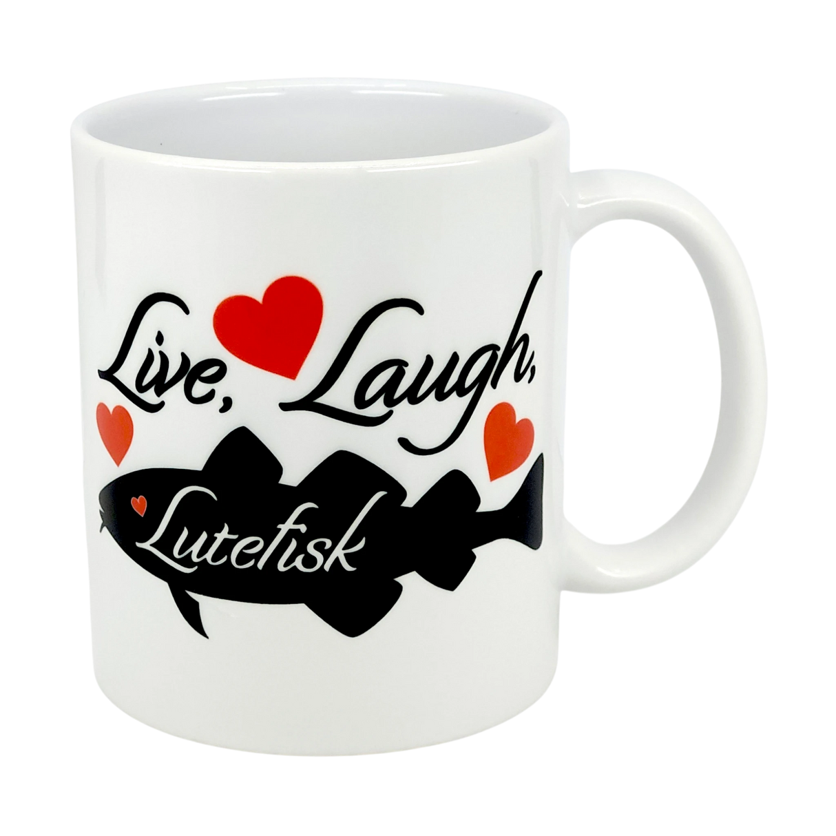 The Mug: Live, Laugh, Lutefisk | 11oz Ceramic Mug by Nordic Wholesale features a black script phrase, three red hearts, and a black fish silhouette—an ideal Scandinavian humor mug or lutefisk gift with Nordic charm.