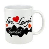 The Mug: Live, Laugh, Lutefisk | 11oz Ceramic Mug by Nordic Wholesale features a black script phrase, three red hearts, and a black fish silhouette—an ideal Scandinavian humor mug or lutefisk gift with Nordic charm.