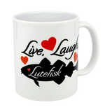 The 11oz ceramic "Live, Laugh, Lutefisk" mug by Nordic Wholesale features black script, red hearts, and a fish silhouette—an ideal lutefisk gift or fun nod to Scandinavian humor.