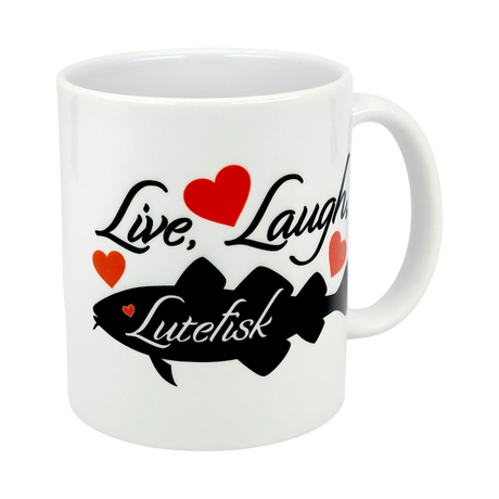 The 11oz ceramic "Live, Laugh, Lutefisk" mug by Nordic Wholesale features black script, red hearts, and a fish silhouette—an ideal lutefisk gift or fun nod to Scandinavian humor.