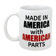 The Swedish Gift Store’s 11 oz "Made in America with American Parts" ceramic mug features bold black and red text—perfect for showing off your patriotic pride.