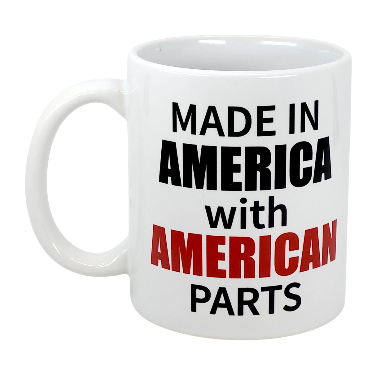 The Swedish Gift Store’s 11 oz "Made in America with American Parts" ceramic mug features bold black and red text—perfect for showing off your patriotic pride.