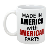 The Swedish Gift Store’s 11 oz "Made in America with American Parts" ceramic mug features bold black and red text—perfect for showing off your patriotic pride.