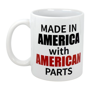 The Swedish Gift Store’s 11 oz "Made in America with American Parts" ceramic mug features bold black and red text—perfect for showing off your patriotic pride.