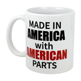 Show your patriotic pride with the Swedish Gift Store's 11 oz "Made in America with American Parts" ceramic mug, boldly printed in red and black—a fun, tongue-in-cheek way to enjoy your coffee.