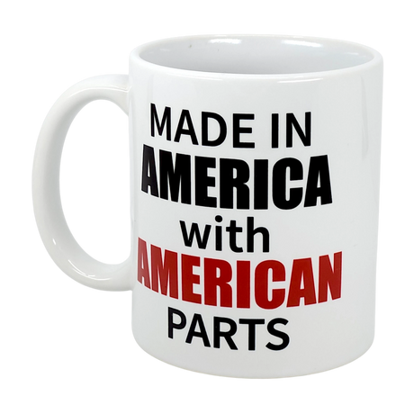 The Nordic Wholesale Mug: Made in America with American Parts Ceramic Mug (11 oz) displays "MADE IN AMERICA with AMERICAN PARTS"—AMERICAN in red, the rest in black. Ideal for celebrating heritage or as a unique Scandinavian gift.