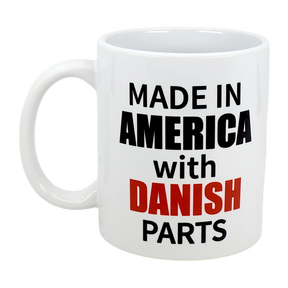 Celebrate your heritage with the Swedish Gift Store's "Mug: Made in America with Danish Parts" 11 oz ceramic mug, featuring bold black and red lettering on both sides—perfect for any proud Danish-American.