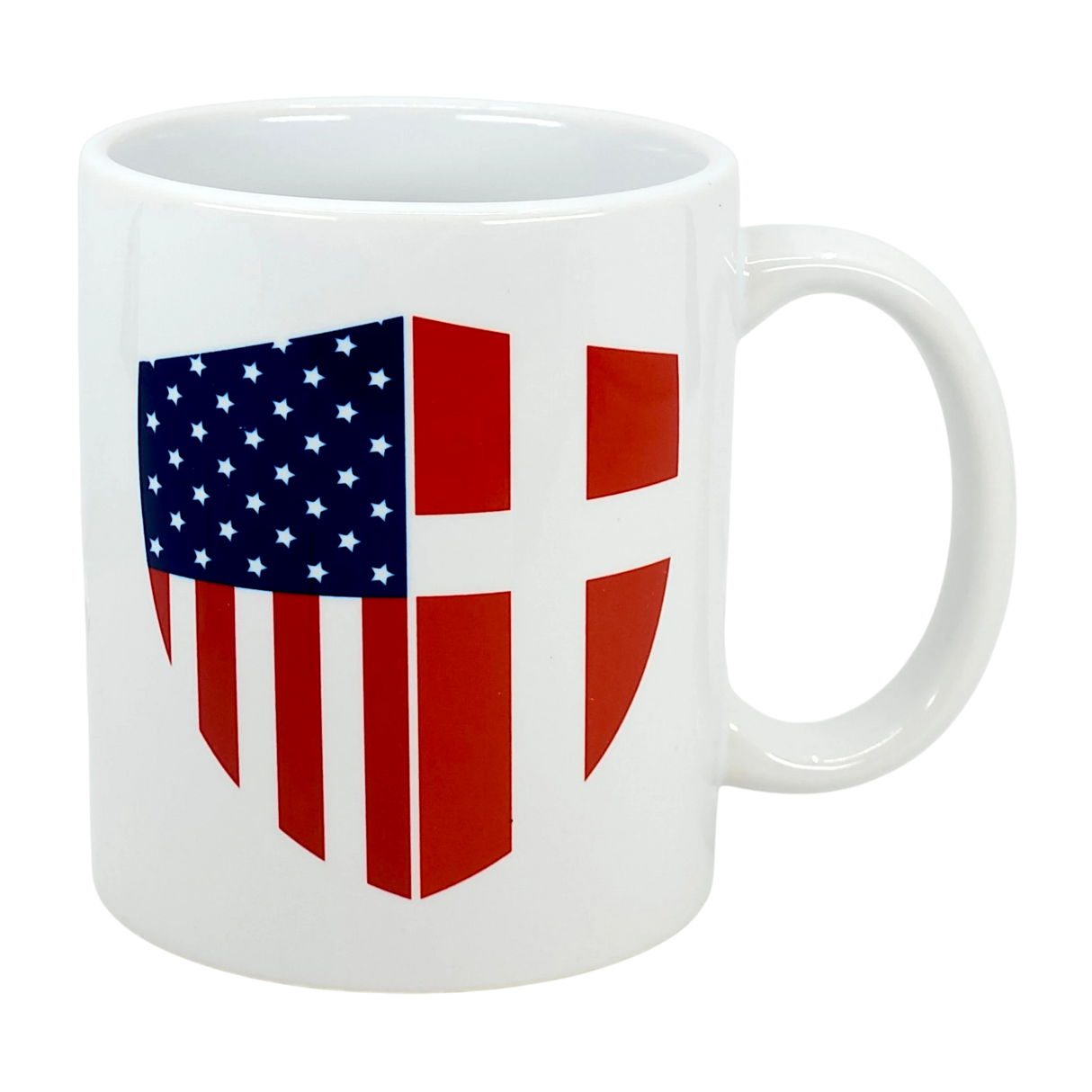 The Swedish Gift Store’s "Mug: Made in America with Danish Parts Ceramic Mug (11 oz)" is a white ceramic coffee cup featuring a shield design with the American flag on the left and Danish flag on the right.
