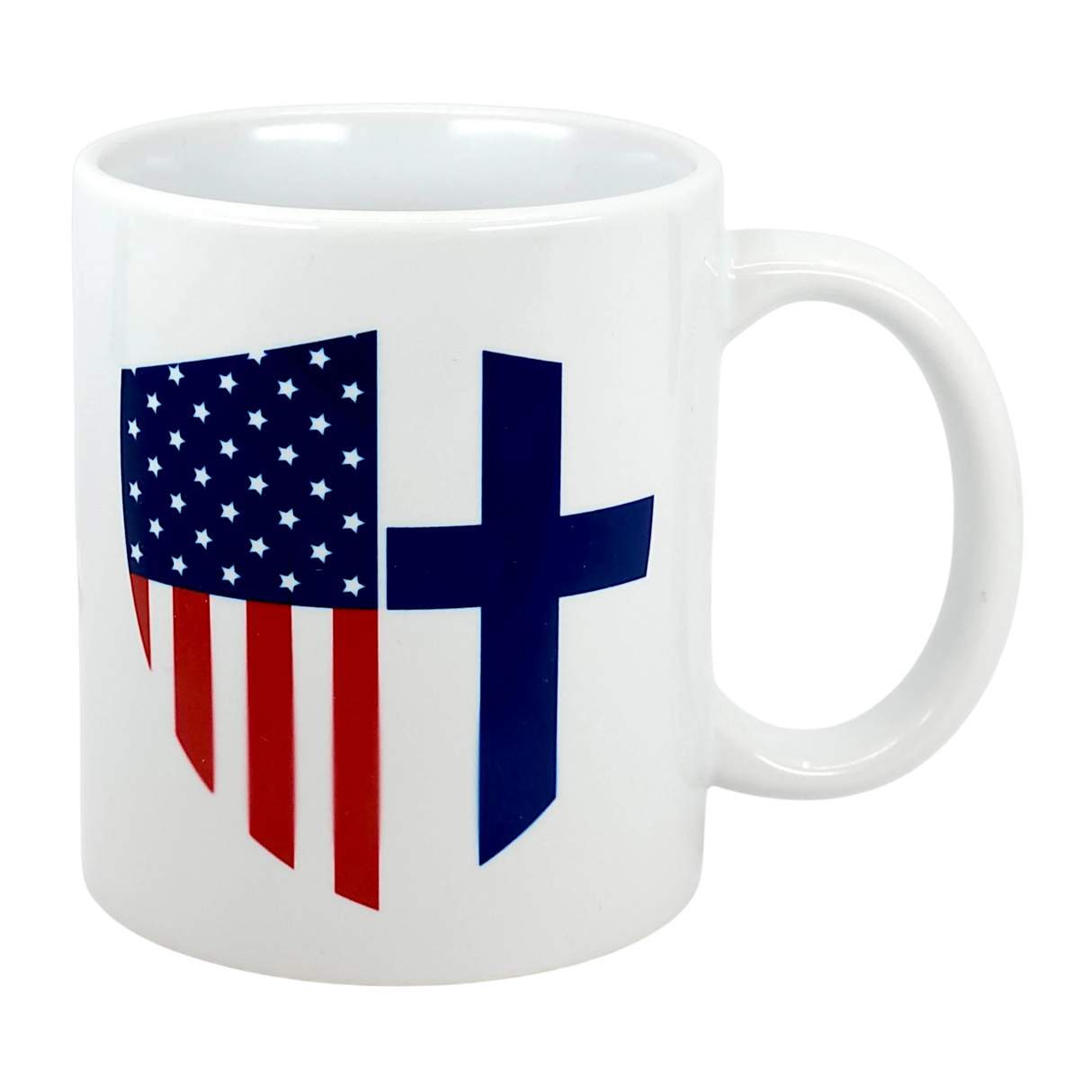 The Swedish Gift Store’s "Mug: Made in America with Finnish Parts" is an 11 oz white ceramic mug featuring a stylized American flag and a blue Christian cross—an ideal heritage coffee cup for your collection.