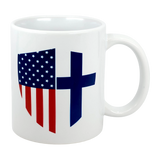 The Swedish Gift Store’s "Mug: Made in America with Finnish Parts" is an 11 oz white ceramic mug featuring a stylized American flag and a blue Christian cross—an ideal heritage coffee cup for your collection.