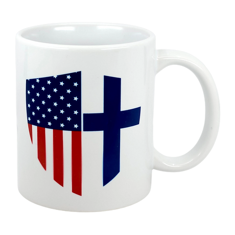 The Swedish Gift Store’s "Mug: Made in America with Finnish Parts" is an 11 oz white ceramic mug featuring a stylized American flag and a blue Christian cross—an ideal heritage coffee cup for your collection.
