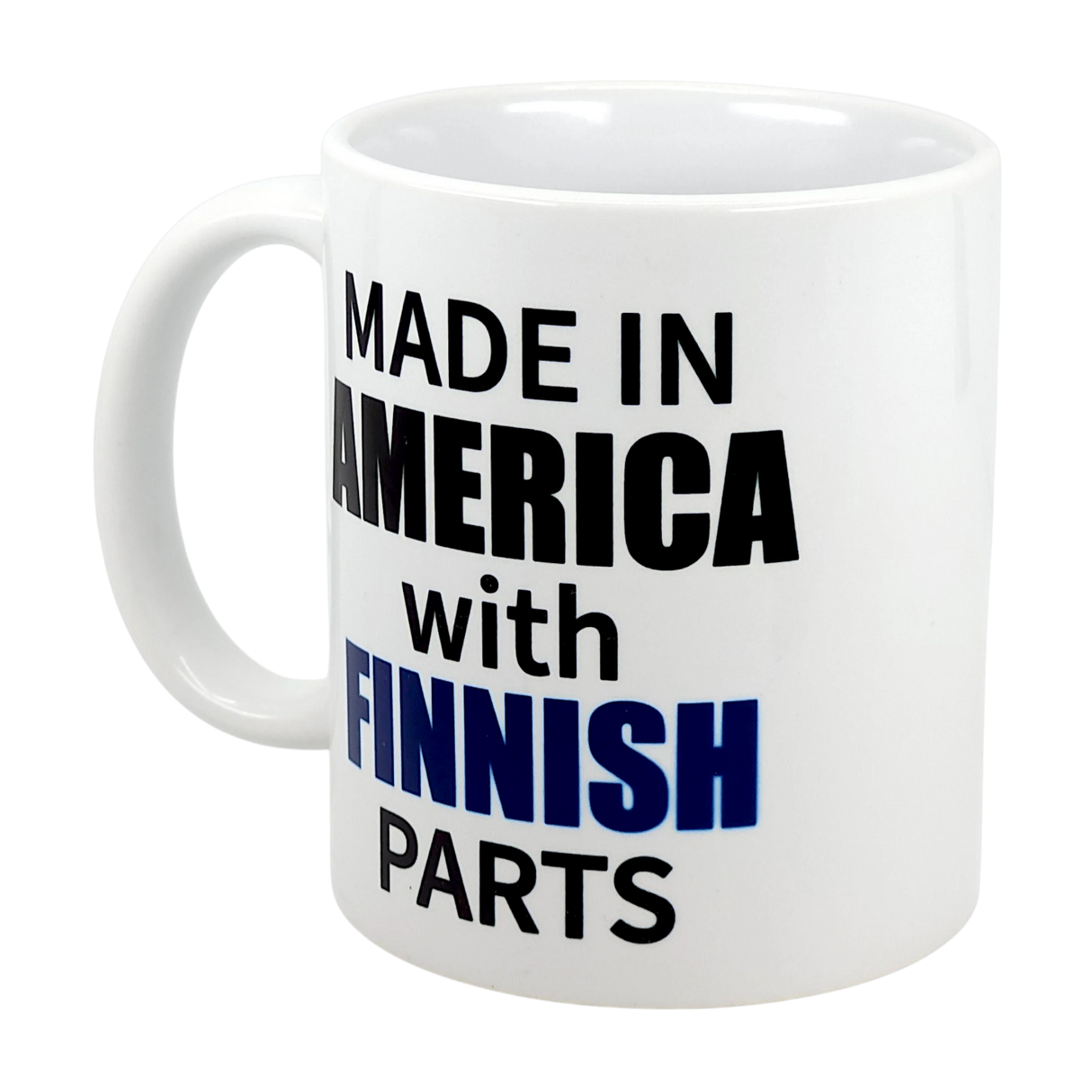 Show your roots with the Mug: Made in America with Finnish Parts Ceramic Mug (11 oz) from Swedish Gift Store—bold black and blue text, perfect for Finnish Americans to enjoy their favorite drinks and celebrate heritage.