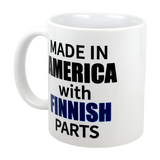 Show your roots with the Mug: Made in America with Finnish Parts Ceramic Mug (11 oz) from Swedish Gift Store—bold black and blue text, perfect for Finnish Americans to enjoy their favorite drinks and celebrate heritage.