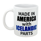 The Swedish Gift Store’s 11 oz ceramic mug features “MADE IN AMERICA WITH ICELANDIC PARTS” in bold black and blue print—a perfect way to celebrate Icelandic-American heritage.