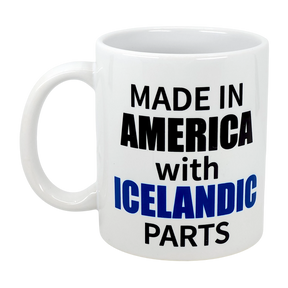 The Swedish Gift Store’s 11 oz ceramic mug features “MADE IN AMERICA WITH ICELANDIC PARTS” in bold black and blue print—a perfect way to celebrate Icelandic-American heritage.