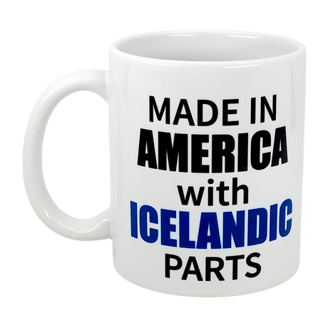 The Swedish Gift Store’s 11 oz ceramic mug features “MADE IN AMERICA WITH ICELANDIC PARTS” in bold black and blue print—a perfect way to celebrate Icelandic-American heritage.