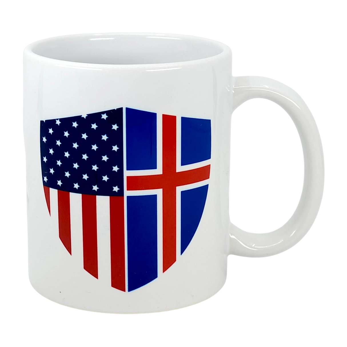 The "Mug: Made in America with Icelandic Parts Ceramic Mug (11 oz)" from Swedish Gift Store features a shield design merging the U.S. and Icelandic flags—ideal for any Icelandic-American mug collector.