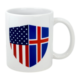 The "Mug: Made in America with Icelandic Parts Ceramic Mug (11 oz)" from Swedish Gift Store features a shield design merging the U.S. and Icelandic flags—ideal for any Icelandic-American mug collector.