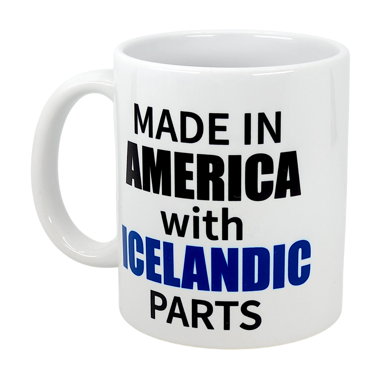The Swedish Gift Store’s 11 oz ceramic mug, “Made in America with Icelandic Parts,” features AMERICA in bold black, ICELANDIC in bold blue, and the rest in standard black—perfect for celebrating Icelandic-American heritage.