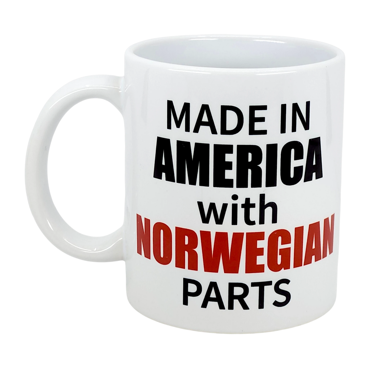The Swedish Gift Store's 11 oz ceramic mug features "Made in America with Norwegian Parts"—a perfect heritage gift for anyone proud of their Norwegian-American roots.