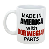 The Swedish Gift Store's 11 oz ceramic mug features "Made in America with Norwegian Parts"—a perfect heritage gift for anyone proud of their Norwegian-American roots.