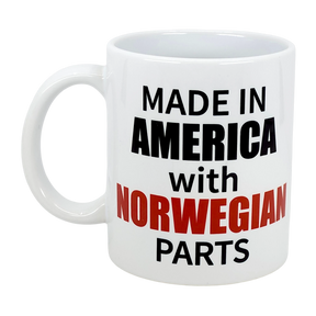 The Swedish Gift Store's 11 oz ceramic mug features "Made in America with Norwegian Parts"—a perfect heritage gift for anyone proud of their Norwegian-American roots.