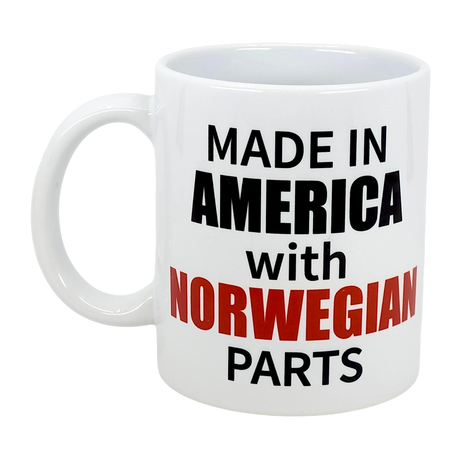 The Swedish Gift Store's 11 oz ceramic mug features "Made in America with Norwegian Parts"—a perfect heritage gift for anyone proud of their Norwegian-American roots.