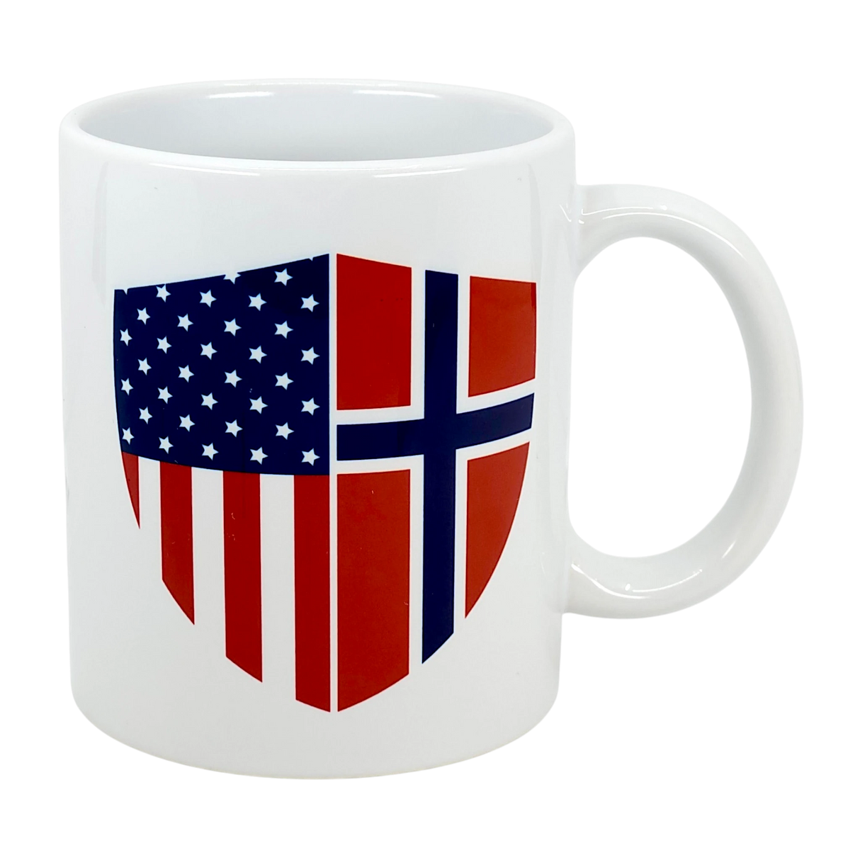 The "Mug: Made in America with Norwegian Parts" from Swedish Gift Store is an 11 oz ceramic mug featuring a shield with the US and Norwegian flags—a perfect heritage gift for those proud of their dual roots.
