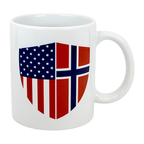 The "Mug: Made in America with Norwegian Parts" from Swedish Gift Store is an 11 oz ceramic mug featuring a shield with the US and Norwegian flags—a perfect heritage gift for those proud of their dual roots.