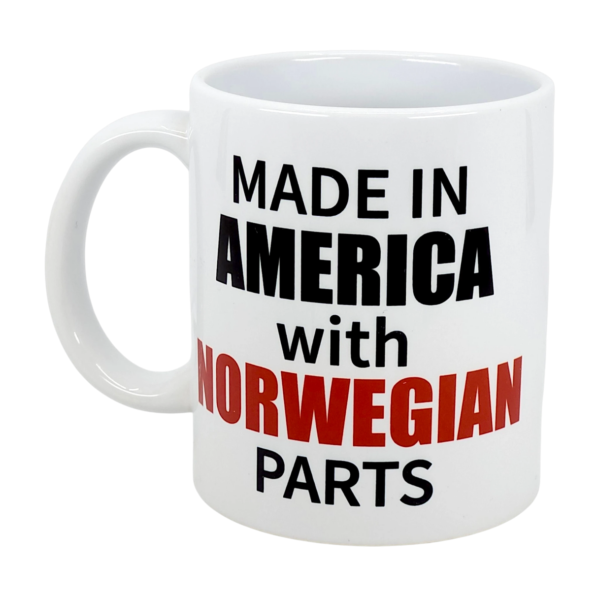 The Swedish Gift Store’s 11 oz ceramic mug features bold black and red text: “Made in America with Norwegian Parts”—a heritage gift perfect for celebrating your roots with every sip.