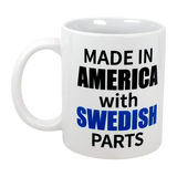Enjoy your favorite drink in the 11 oz “Made in America with Swedish Parts” ceramic mug from Swedish Gift Store—perfect for celebrating your Swedish-American heritage.