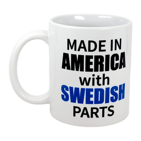 Enjoy your favorite drink in the 11 oz “Made in America with Swedish Parts” ceramic mug from Swedish Gift Store—perfect for celebrating your Swedish-American heritage.