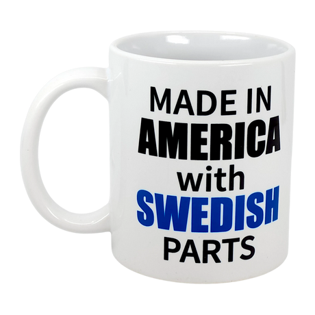 Enjoy your favorite drink in the 11 oz “Made in America with Swedish Parts” ceramic mug from Swedish Gift Store—perfect for celebrating your Swedish-American heritage.