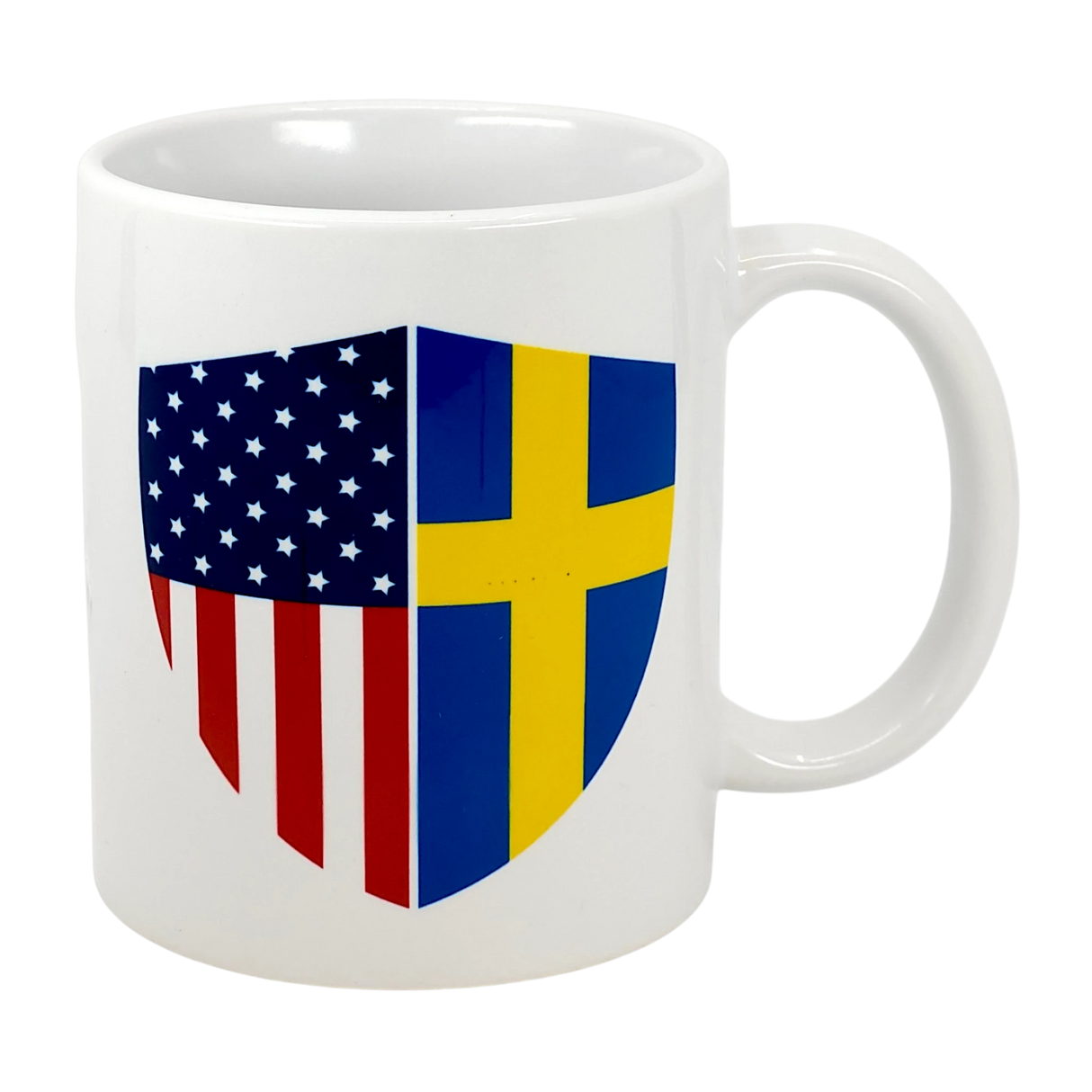 Celebrate your heritage with the "Made in America with Swedish Parts" 11 oz ceramic mug by Swedish Gift Store, featuring a split American and Swedish flag shield—perfect for dual-flag pride.