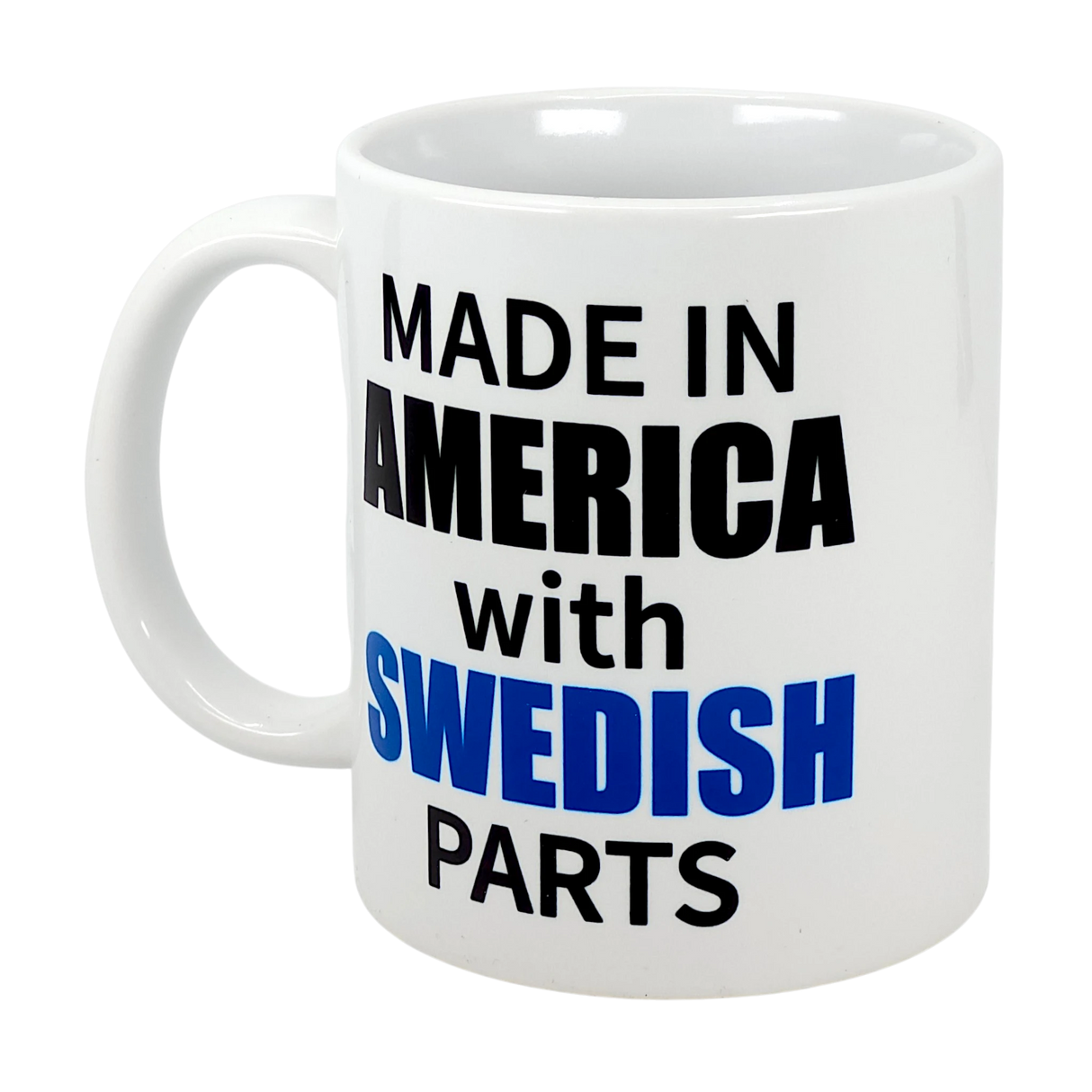 The Swedish Gift Store's 11 oz ceramic mug features bold black and blue text: "Made in America with Swedish Parts"—a perfect Swedish-American gift for coffee lovers.