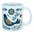 The Nordic Wholesale Mug: Nordic Folk Art Birds Ceramic Mug (11 oz Capacity) is a white Scandinavian-style ceramic mug showcasing a decorative blue bird encircled by detailed floral motifs in blue, orange, and gold hues. It features a plain background and a large handle.