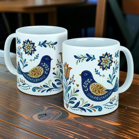 Two Mug: Nordic Folk Art Birds Ceramic Mugs (11 oz Capacity) by Nordic Wholesale, featuring blue birds with intricate Scandinavian folk art patterns, along with orange, green, and blue flowers and leaves, sit on a wooden table.