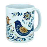 Introducing the Mug: Nordic Folk Art Birds Ceramic Mug (11 oz Capacity) by Nordic Wholesale—a white ceramic mug adorned with a decorative blue bird accented in orange and gold, surrounded by floral patterns in blue, orange, and green. Inspired by classic Nordic rosemaling designs, this folk art mug blends timeless Scandinavian charm with vibrant detailing. The handle is finished in plain white.