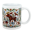 The Swedish Gift Store's 11 oz Mug: Nordic Forest Kurbits Dala Moose Wraparound Ceramic Mug features Nordic horses, a patterned moose, birds, a cabin, flowers, leaves, and snowflakes in colorful folk art style.