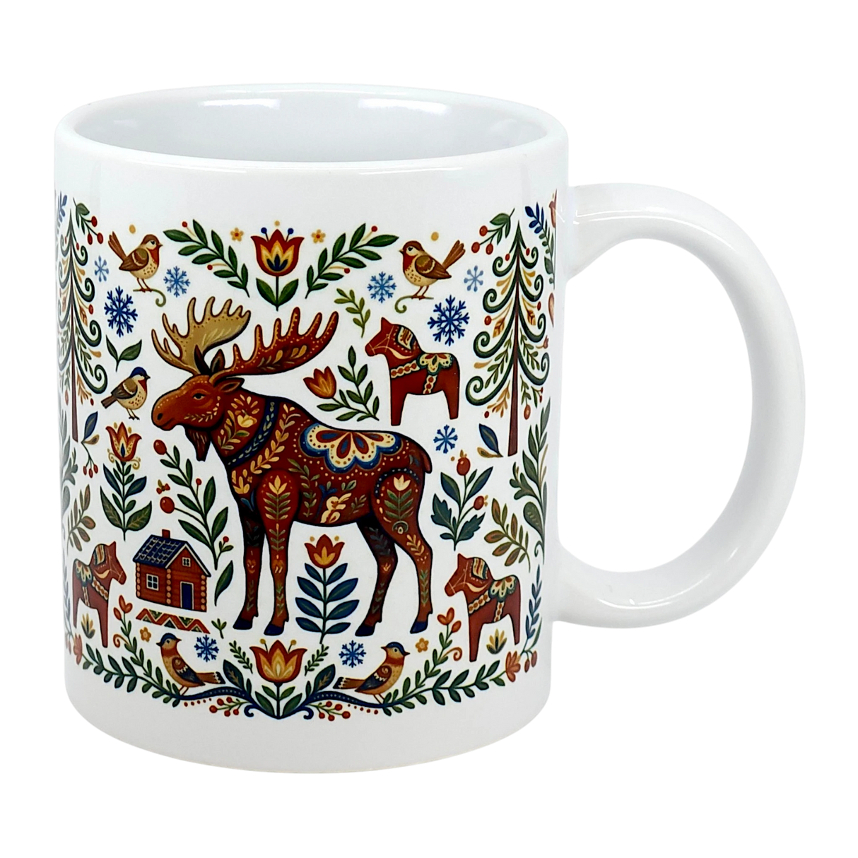 The Swedish Gift Store's 11 oz Mug: Nordic Forest Kurbits Dala Moose Wraparound Ceramic Mug features Nordic horses, a patterned moose, birds, a cabin, flowers, leaves, and snowflakes in colorful folk art style.