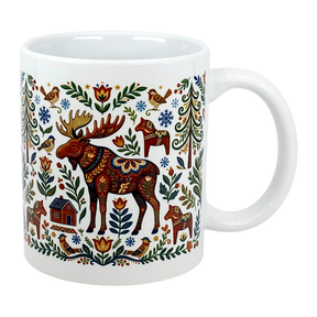 The Swedish Gift Store's 11 oz Mug: Nordic Forest Kurbits Dala Moose Wraparound Ceramic Mug features Nordic horses, a patterned moose, birds, a cabin, flowers, leaves, and snowflakes in colorful folk art style.