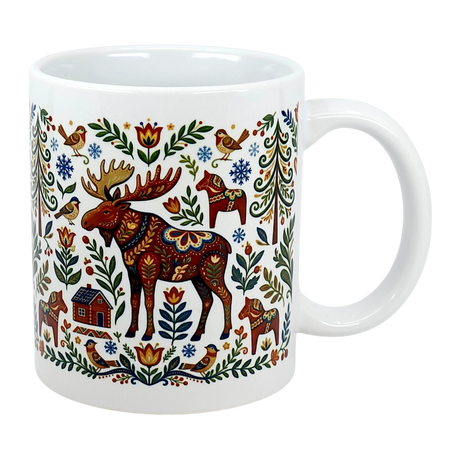 The Swedish Gift Store's 11 oz Mug: Nordic Forest Kurbits Dala Moose Wraparound Ceramic Mug features Nordic horses, a patterned moose, birds, a cabin, flowers, leaves, and snowflakes in colorful folk art style.
