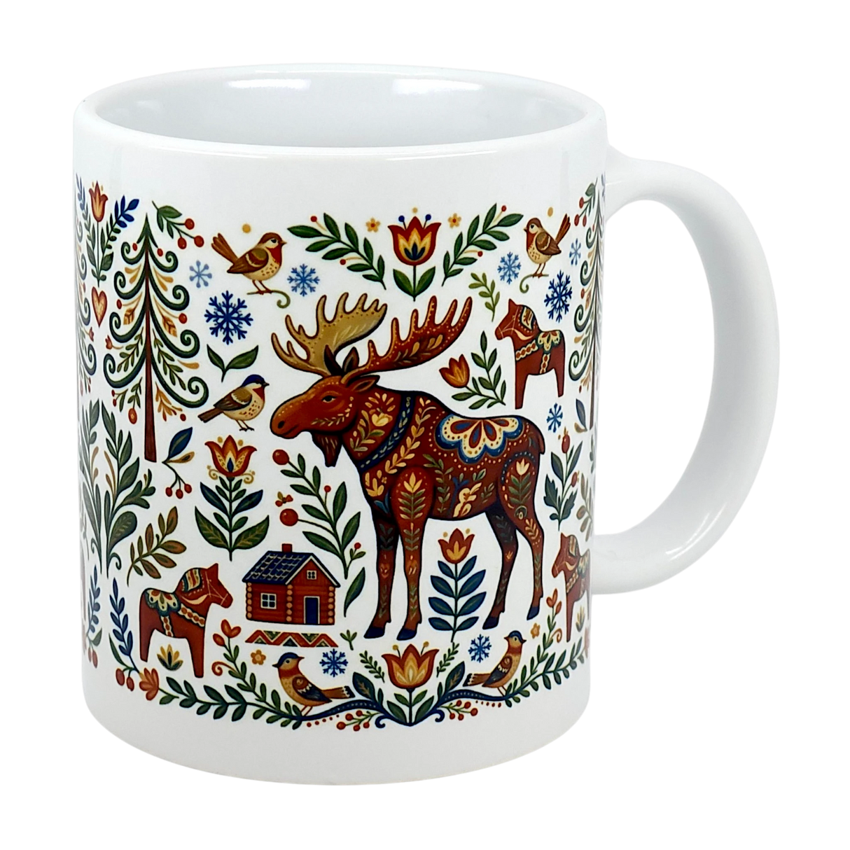The Swedish Gift Store’s 11 oz "Mug: Nordic Forest Kurbits Dala Moose Wraparound Ceramic Mug" features vibrant folk-art motifs of moose, birds, horses, trees, flowers, and a house for a charming Scandinavian touch.
