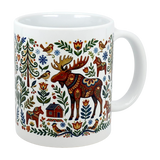 The Swedish Gift Store’s 11 oz "Mug: Nordic Forest Kurbits Dala Moose Wraparound Ceramic Mug" features vibrant folk-art motifs of moose, birds, horses, trees, flowers, and a house for a charming Scandinavian touch.