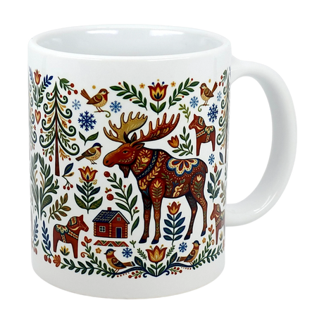 The Swedish Gift Store’s 11 oz "Mug: Nordic Forest Kurbits Dala Moose Wraparound Ceramic Mug" features vibrant folk-art motifs of moose, birds, horses, trees, flowers, and a house for a charming Scandinavian touch.