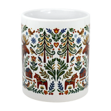 The Nordic Forest Kurbits Dala Moose Wraparound Ceramic Mug (11 oz) by Swedish Gift Store features moose, trees, birds, red houses, horses, hearts, and florals—a whimsical Scandinavian touch for your daily routine.