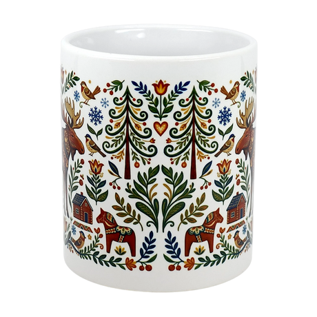 The Nordic Forest Kurbits Dala Moose Wraparound Ceramic Mug (11 oz) by Swedish Gift Store features moose, trees, birds, red houses, horses, hearts, and florals—a whimsical Scandinavian touch for your daily routine.