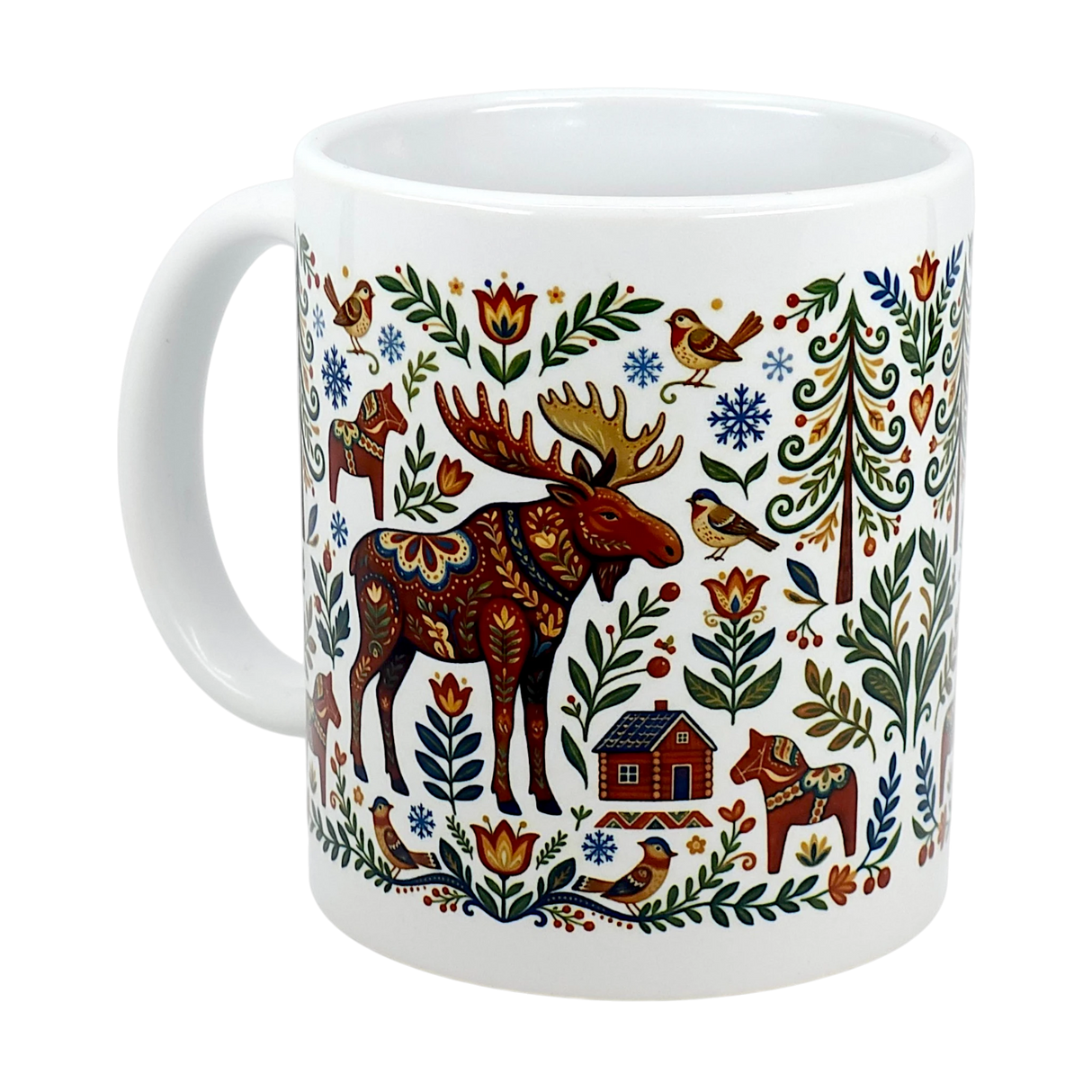 The Mug: Nordic Forest Kurbits Dala Moose Wraparound Ceramic Mug (11 oz) by Swedish Gift Store features a vibrant folk-art moose, birds, trees, flowers, house, and snowflakes in red, blue, green, and yellow on a white background.