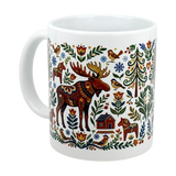 The Mug: Nordic Forest Kurbits Dala Moose Wraparound Ceramic Mug (11 oz) by Swedish Gift Store features a vibrant folk-art moose, birds, trees, flowers, house, and snowflakes in red, blue, green, and yellow on a white background.
