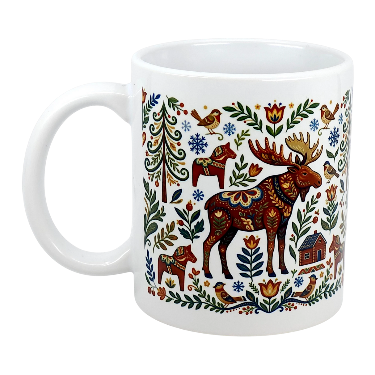 The Swedish Gift Store's Mug: Nordic Forest Kurbits Dala Moose Wraparound Ceramic Mug (11 oz) features a vibrant Scandinavian folk art design with a moose, horses, birds, a house, trees, and florals in blue, red, green & yellow.